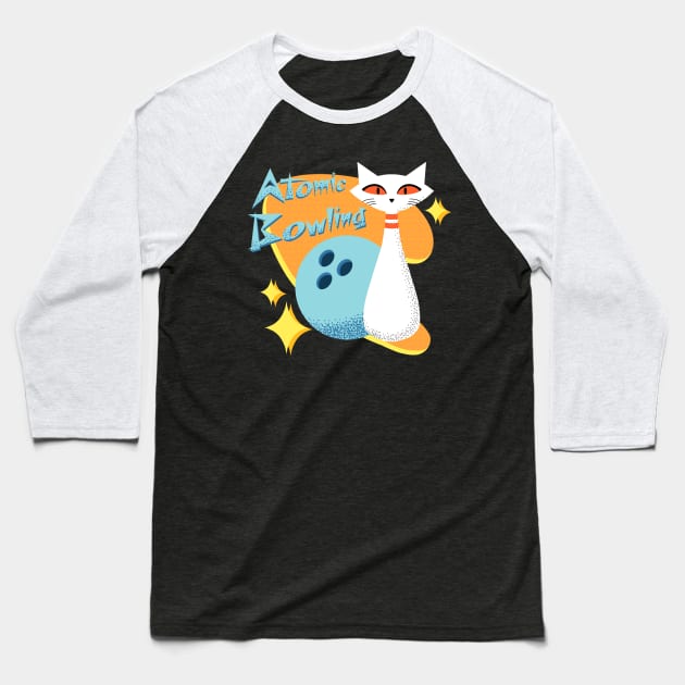 Atomic Cat in Mid-Century Modern Bowling Design Baseball T-Shirt by ksrogersdesigns